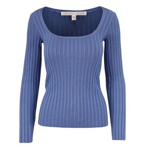 Veronica Beard Clara Blue Square Neck Ribbed Knit Long Sleeve Top